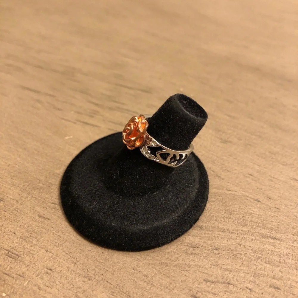 Vintage Silver Tone and Red-Orange Rose Ring